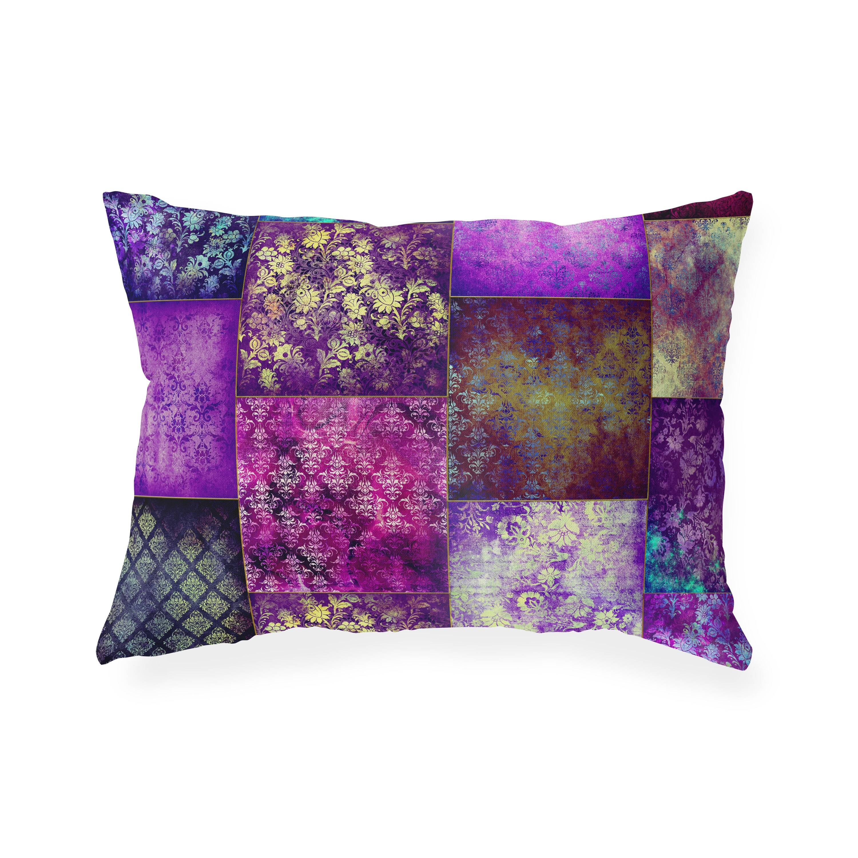 ECLECTIC BOHEMIAN PATCHWORK PURPLE Indoor Outdoor Lumbar Pillow By